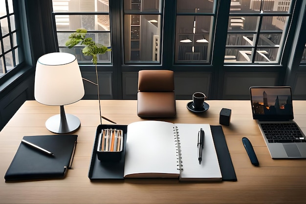 Zdjęcie biurko z laptopem, lampą, notatnikiem i długopisem.