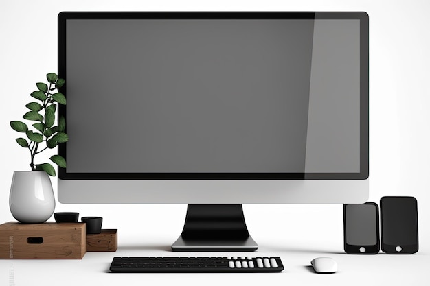 Biurko z wyświetlaczem komputera na białym ekranie i ścieżką przycinającą
