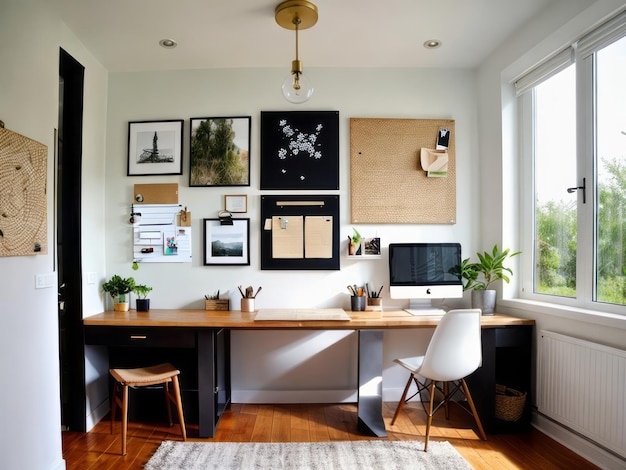 Zdjęcie biuro domowe kąpane w naturalnym świetle z artystycznym wykończeniem i kreatywnym wnętrzem przestrzeni roboczej