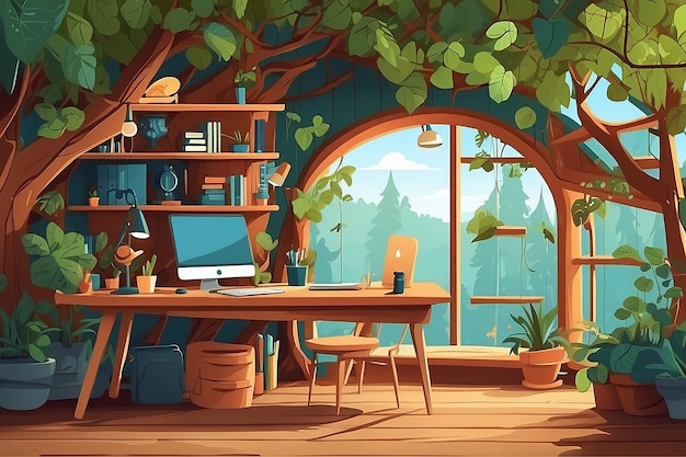 Biuro domowe w domku na drzewie łączące naturę i technologię Ilustracja wektorowa w stylu płaskim