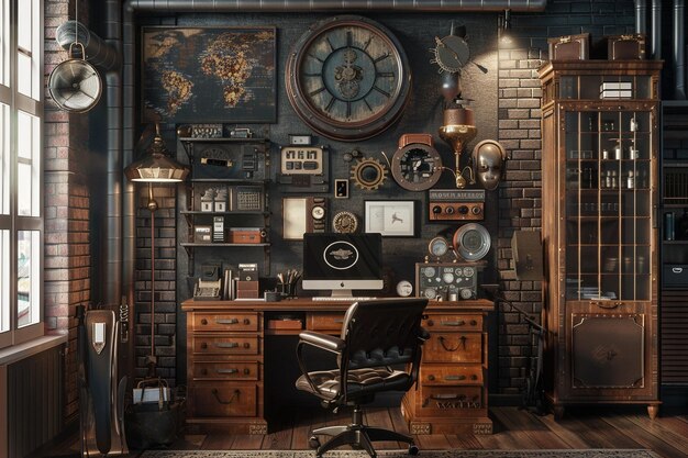 Biuro domowe z motywem steampunk z przemysłowym wykończeniem