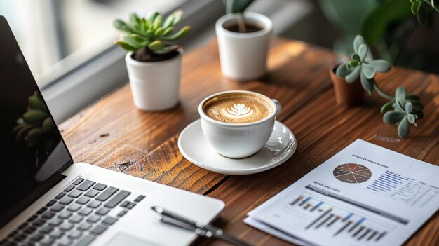Biuro domowe z notebookem, kubkiem do kawy i arkuszem papieru koncepcja stylu życia biznesowego