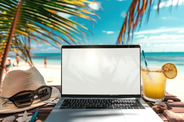 biuro na plaży laptop z pustym ekranem okulary przeciwsłoneczne i tropikalny koktajl