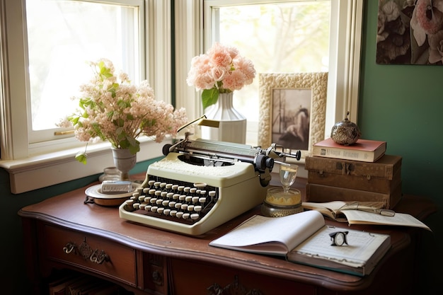 Biuro w stylu shabby chic ze starymi książkami z maszyny do pisania i kwiatowymi akcentami