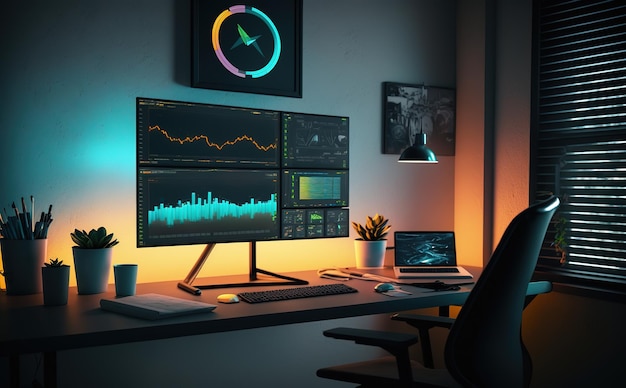 biuro z dużym monitorem pokazującym udział wykresu z kolorowym neonem