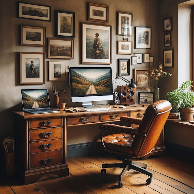 Zdjęcie biuro z krzesłem komputerowym i biurkiem dla szablonu projektowania postów w mediach społecznościowych