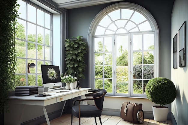 Biuro z oknami wychodzącymi na bujny, zielony ogród, idealne do marzeń, stworzone za pomocą generative ai