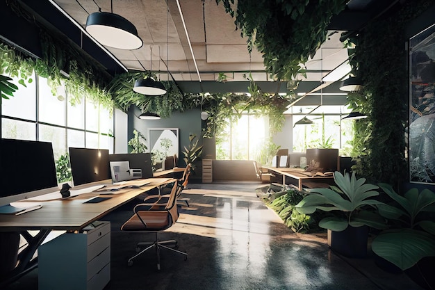 Biuro z roślinami zwisającymi z sufitu tworzącymi raj natury stworzony za pomocą generatywnej sztucznej inteligencji