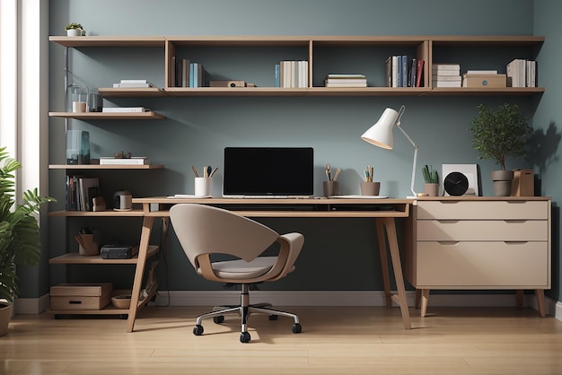 biurowe biurko z laptopem i krzesłem obok półki