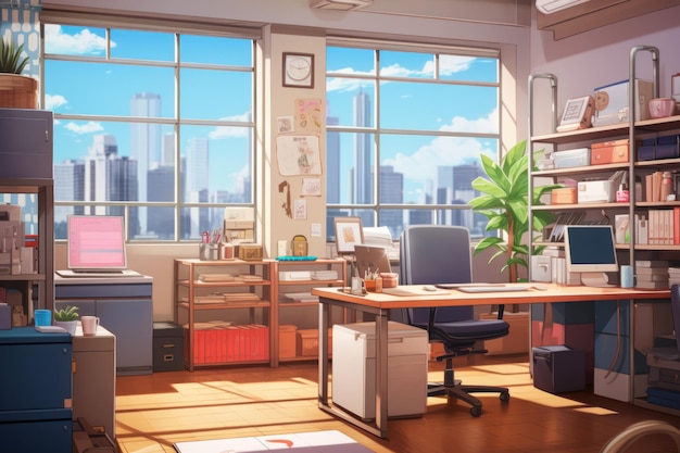 Biurowe wnętrze wewnętrzne anime gra wizualna powieść Meble do pracy Generuj Ai