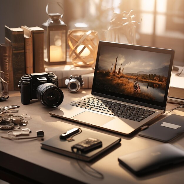 Biurowy pulpit z laptopem i akcesoriami ultra realistyczny