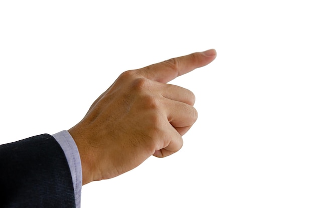Zdjęcie biznes człowiek ręka w garniturze wskazując palcami na białym tle. ścieżka przycinająca