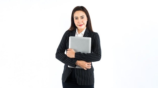 Zdjęcie biznes kobieta uczony kobieta nauczyciel kobieta nauczyciel kobieta sekretarka kobieta kobieta trzymający smartfon trzymający gest laptopa