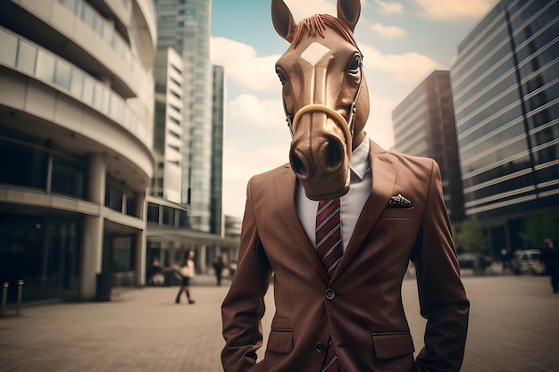 biznes koń głowa mężczyzna w garniturze na ulicy miasta generatywny AI