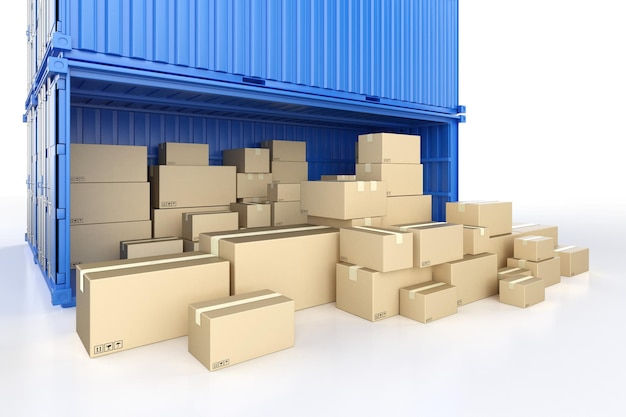 Biznes logistyczny ze stertą kartonów lub pudeł kartonowych w niebieskim pojemniku