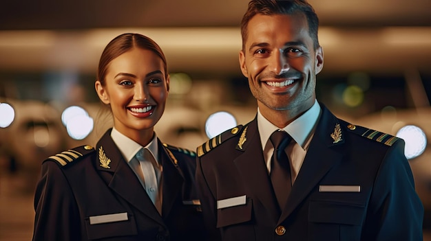 Biznes lotniczy Pilot samolotu i stewardesa stojąca w terminalu lotniska i patrząca na kamerę z uśmiechniętą twarzą praca i kariera w koncepcji transportu lotniczego Generacyjna sztuczna inteligencja