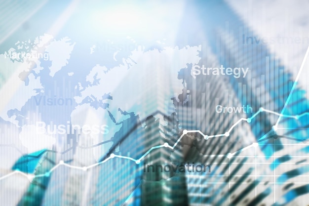 Biznes streszczenie tło podwójnej ekspozycji wykres, wykres i diagram. Mapa świata i. Koncepcja globalnego biznesu i handlu finansowego.