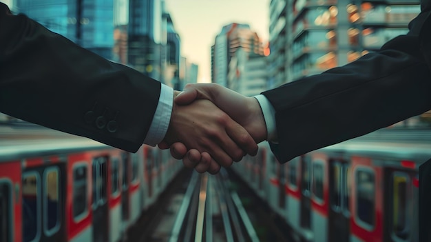 Biznes uścisk ręki w mieście miejskiej profesjonalnej transakcji umowa partnerstwa nowoczesna współpraca korporacyjna sukces i zaufanie koncepcja AI