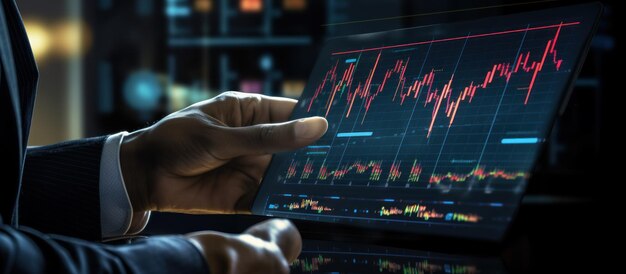Biznesmen analizujący wykres inwestycji finansowych za pomocą wygenerowanej przez tablet AI