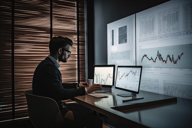 Biznesmen analizujący wykresy inwestycyjne za pomocą komputera w ciemnym biurze Koncepcja inwestycyjna i handlowa