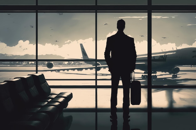 Biznesmen czeka na odlot swojego lotu z widokiem na pas startowy i samoloty w oddali