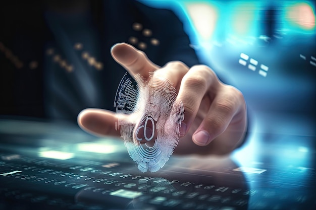 Biznesmen dotyka palcem odcisku palca na ekranie dotykowym Renderowanie 3D Zamazany mężczyzna trzymający kciuk na ekranie i hologram AI Generated