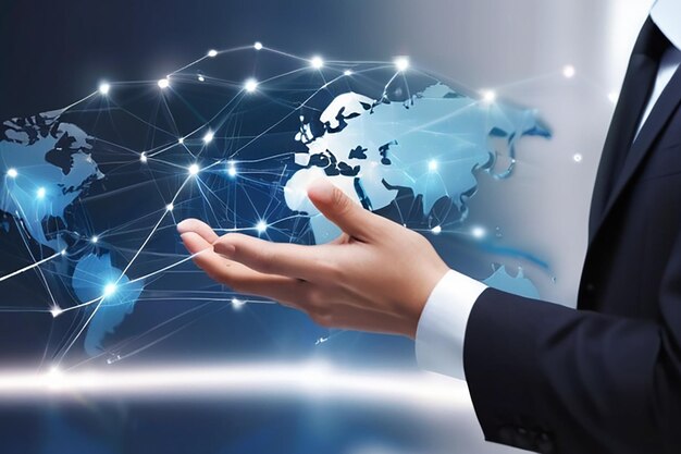 Biznesmen dotykając klienta globalna struktura sieci i wymiany danych połączenie Marketing cyfrowy