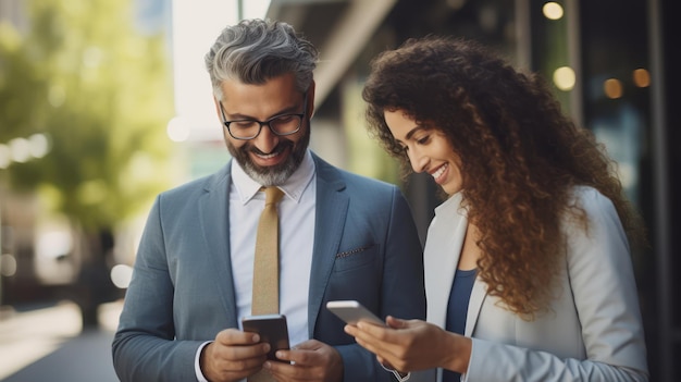 Biznesmen i biznesmen piszą teksty na smartfonie.