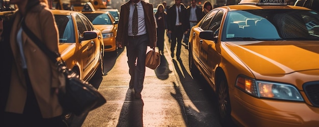 Biznesmen idący ulicą z żółtą taksówką w mieście