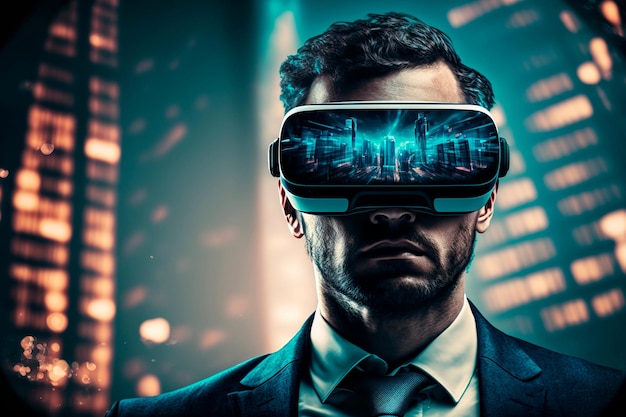 Biznesmen korzysta z wirtualnej rzeczywistości VR Koncepcja technologii Metaverse Generative AI