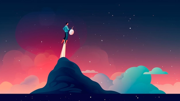 Biznesmen latający na górze rakiety koncepcja tworzenia startupów ilustracja cyfrowa Generative AI ilustrator