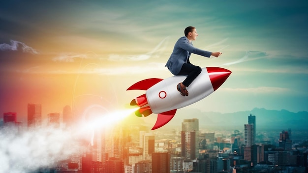 Biznesmen latający rakietą w koncepcji biznesowej