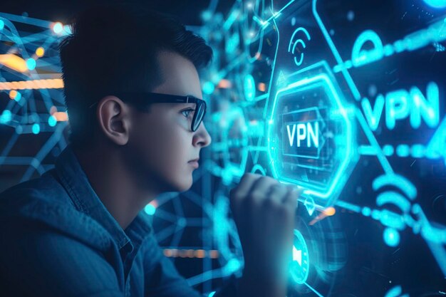 Biznesmen monitorujący VPN na ekranie