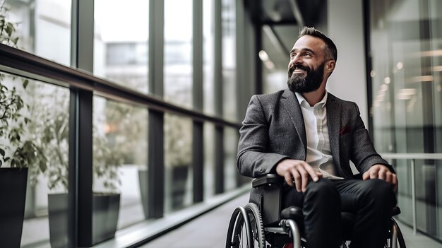 Biznesmen na wózku inwalidzkim w nowoczesnym biurze Stworzony przy użyciu technologii Generative AI