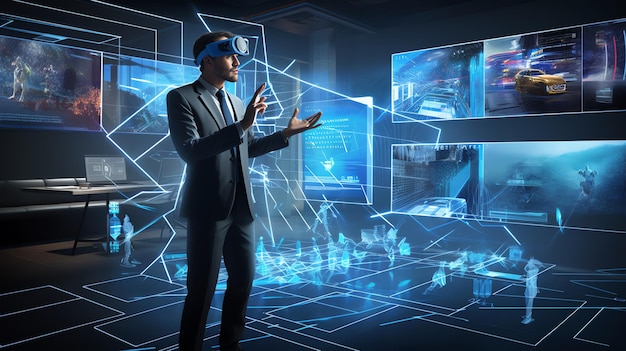 biznesmen noszący nakrycia głowy VR i interakcjonujący z wirtualnymi ekranami i informacjami