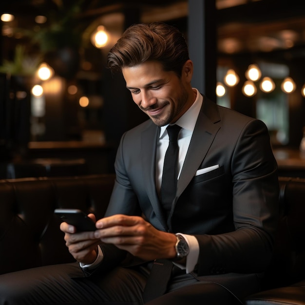 Biznesmen odnoszący sukcesy w garniturze trzymający smartfon i patrzący na ekran