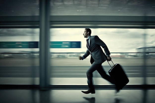 Zdjęcie biznesmen pędzący przez lotnisko z teczką w ręku