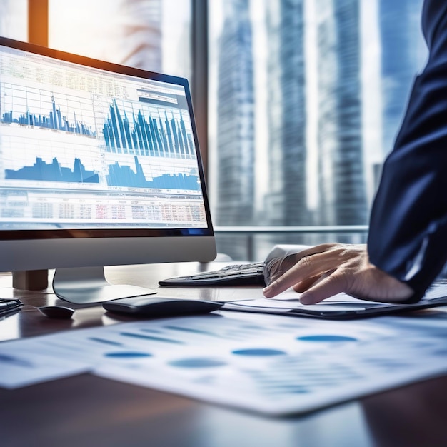 Zdjęcie biznesmen piszący na klawiaturze wykres danych handlu akcjami na ekranie