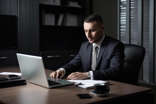 Biznesmen piszący na laptopie przy biurkowym biurku stworzonym za pomocą generatywnej sztucznej inteligencji