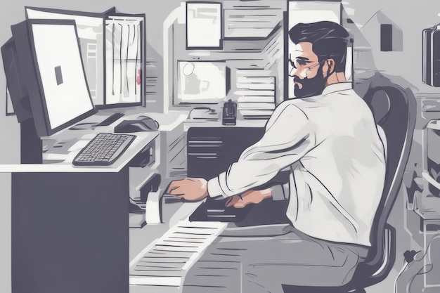 biznesmen pisze na komputerze w biurze renderowania 3 dbiznesmen pisze na komputerze w biurze 3 d