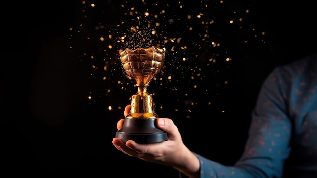 Biznesmen podnoszący zwycięstwo Złoty trofeum czarne tło bokeh Generatywna sztuczna inteligencja