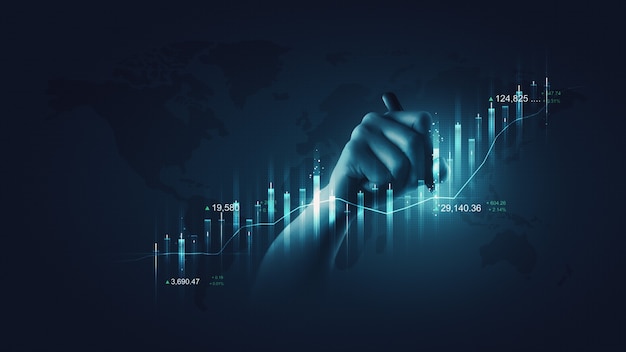 Biznesmen posiadający finansowe pióro wykres i pisanie finansów rynku inwestycji zapasów analizy wykresu wymiany technologii wzrostu na tle sukcesu z ekonomią zysk danych cyfrowych koncepcja pieniądza.