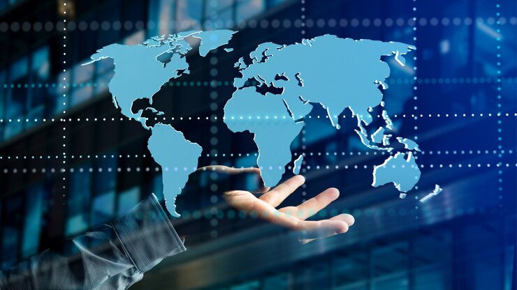 Zdjęcie biznesmen posiadający mapę świata connected na futurystyczny interfejs - 3d render