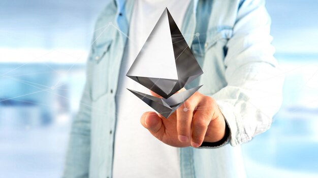 Biznesmen posiadający znak waluty krypto Ethereum latające wokół połączenia sieciowego - 3d render