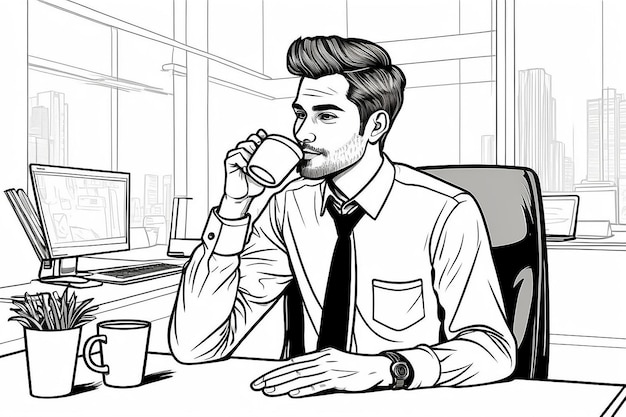 Biznesmen, pracownik biurowy, siedzący w swoim miejscu pracy, trzymający i pijący gorącą kawę, myślący i