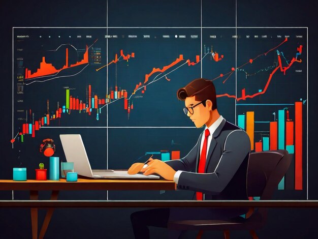 Biznesmen pracujący ciężko akcje rynek handlu finansowego diagram wektorowy ilustracja płaski projekt