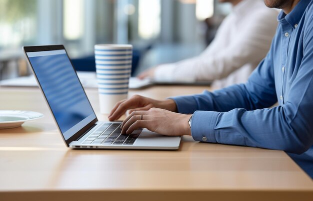 Biznesmen pracujący na laptopie przy stole w biurze