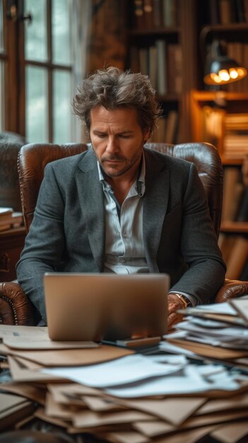 Biznesmen pracujący na laptopie w biurze domowym