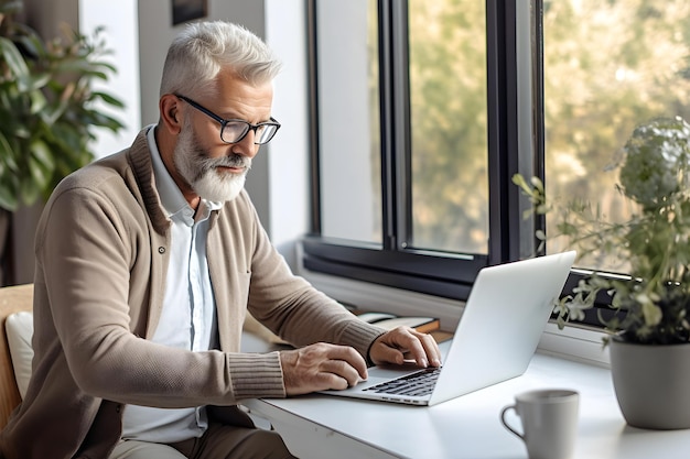 Biznesmen pracujący na laptopie w domu Stary człowiek używający notebooka Generative Ai