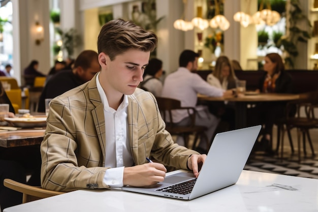 Biznesmen pracujący na laptopie w kawiarni